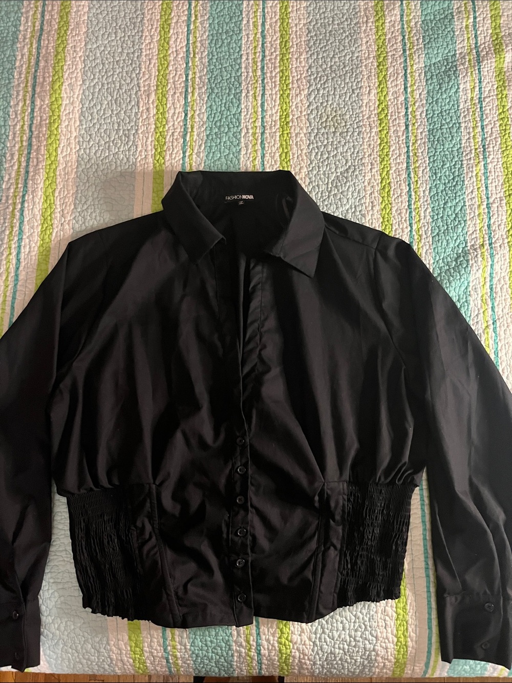 Fashion Nova Black Button-Front Waist-Smocked Blouse